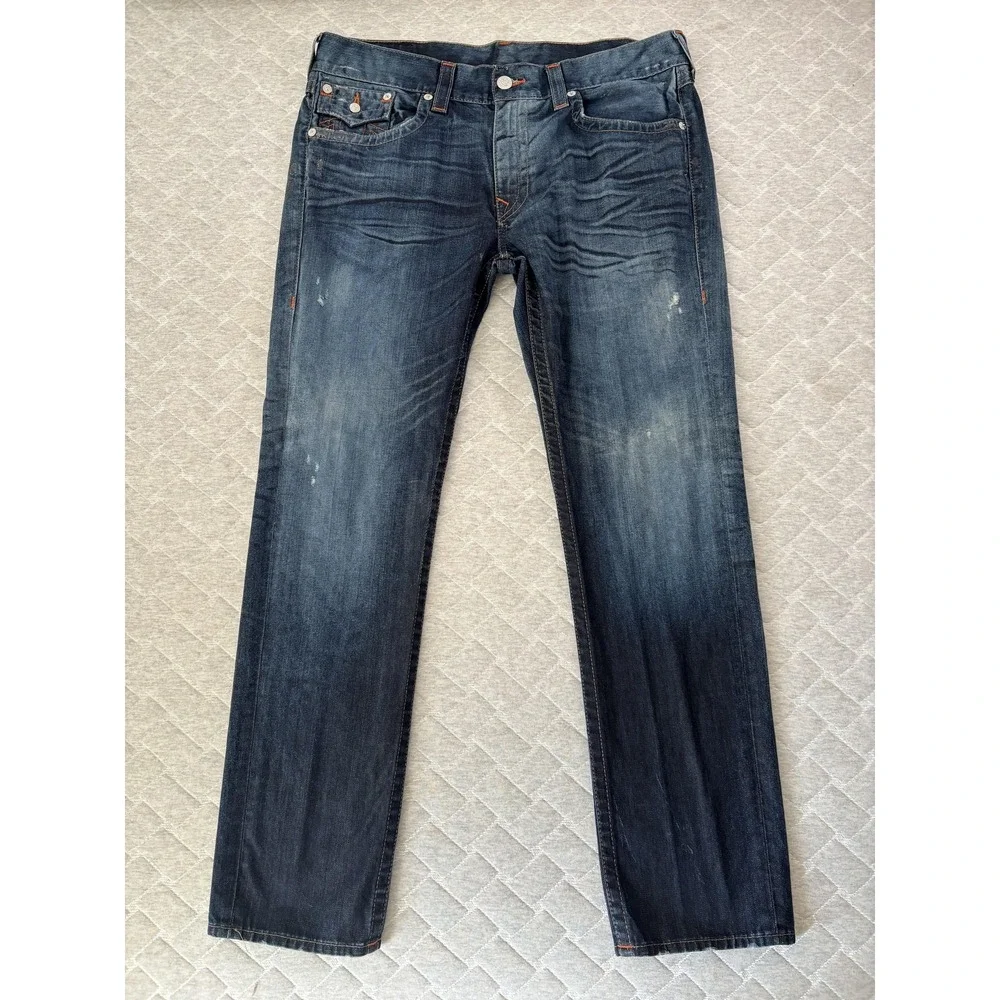 True‎ Religion Jeans Mens 38 Blue Skinny Flap Pockets Horseshoe Stitching Denim